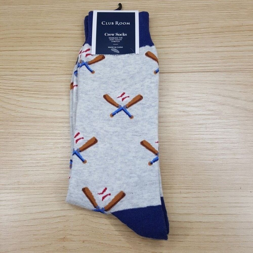 CLUB ROOM Crew Socks Mens Gray Baseball Bat Ball Cotton Blend One Size